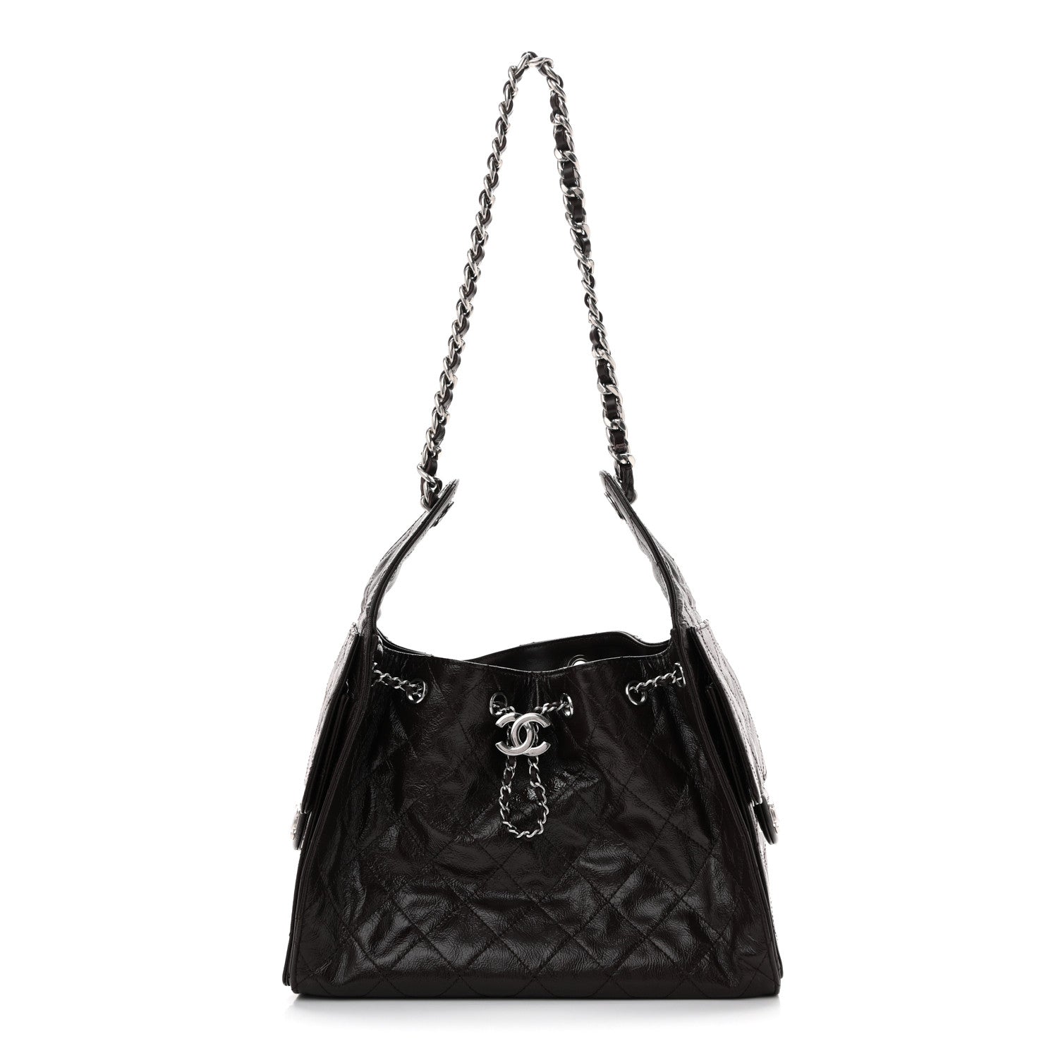 Shiny Crumpled Calfskin Quilted Small Chanel 25 Handbag Dark Brown