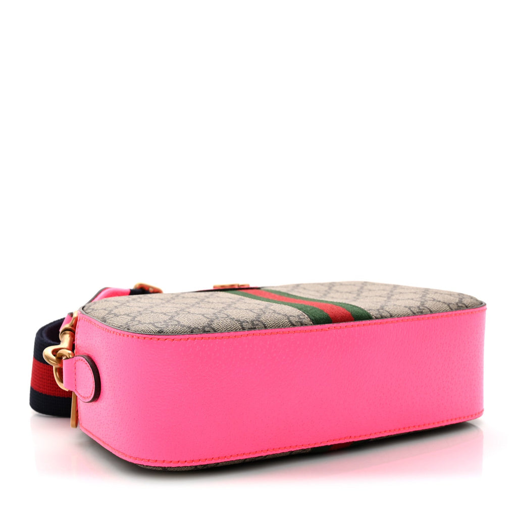 GG Supreme Monogram Textured Dollar Calfskin Web Ophidia Small Crossbody Bag Beige Ebony Fuchsia