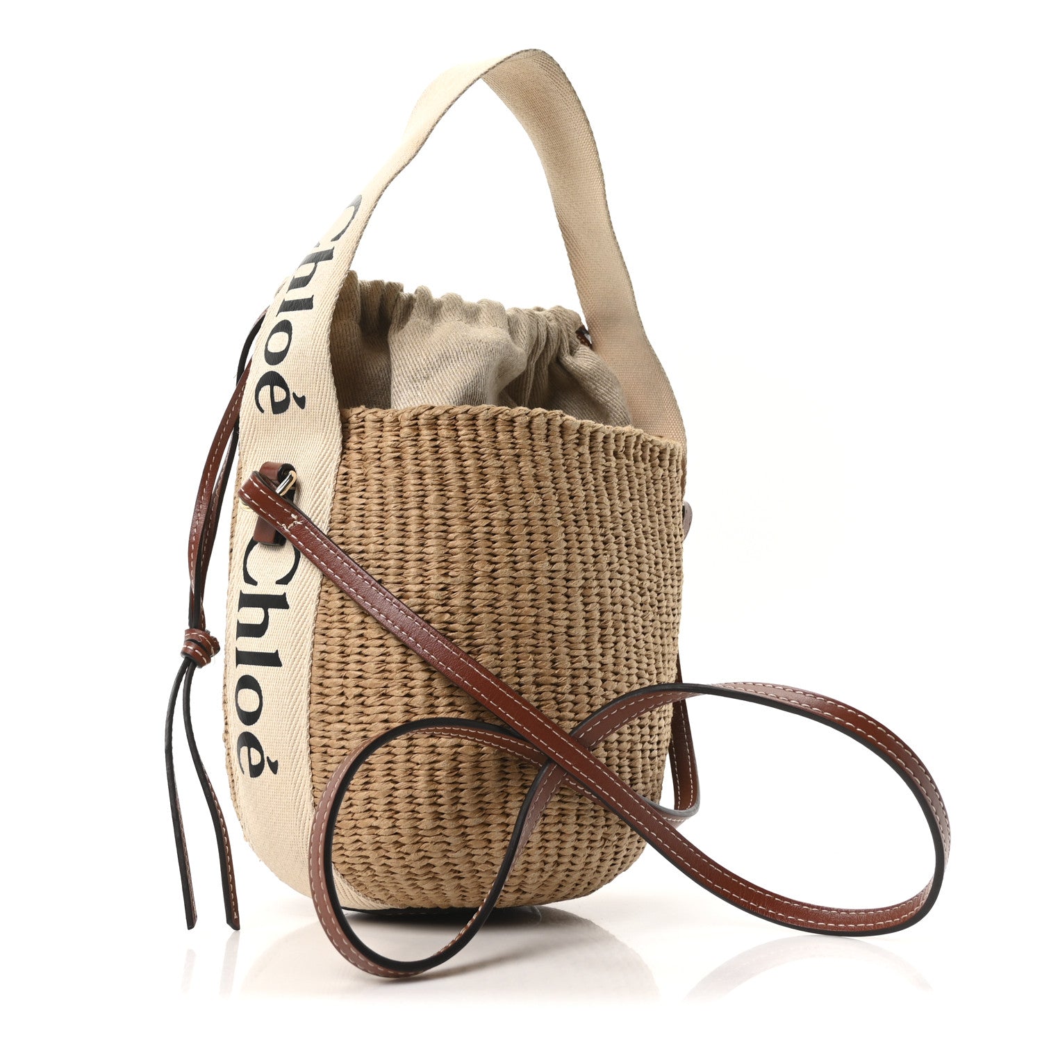 Raffia Calfskin Small Woody Basket Bag Brown
