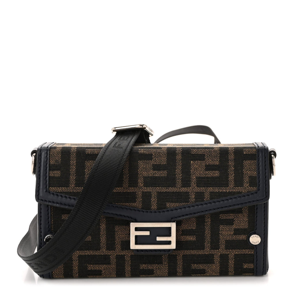 Recycled Fabric Jacquard Vitello King FF 1974 Baguette Soft Trunk Phone Pouch Tobacco Moro Notte