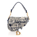 Canvas Embroidered Toile de Jouy Saddle Bag Blue