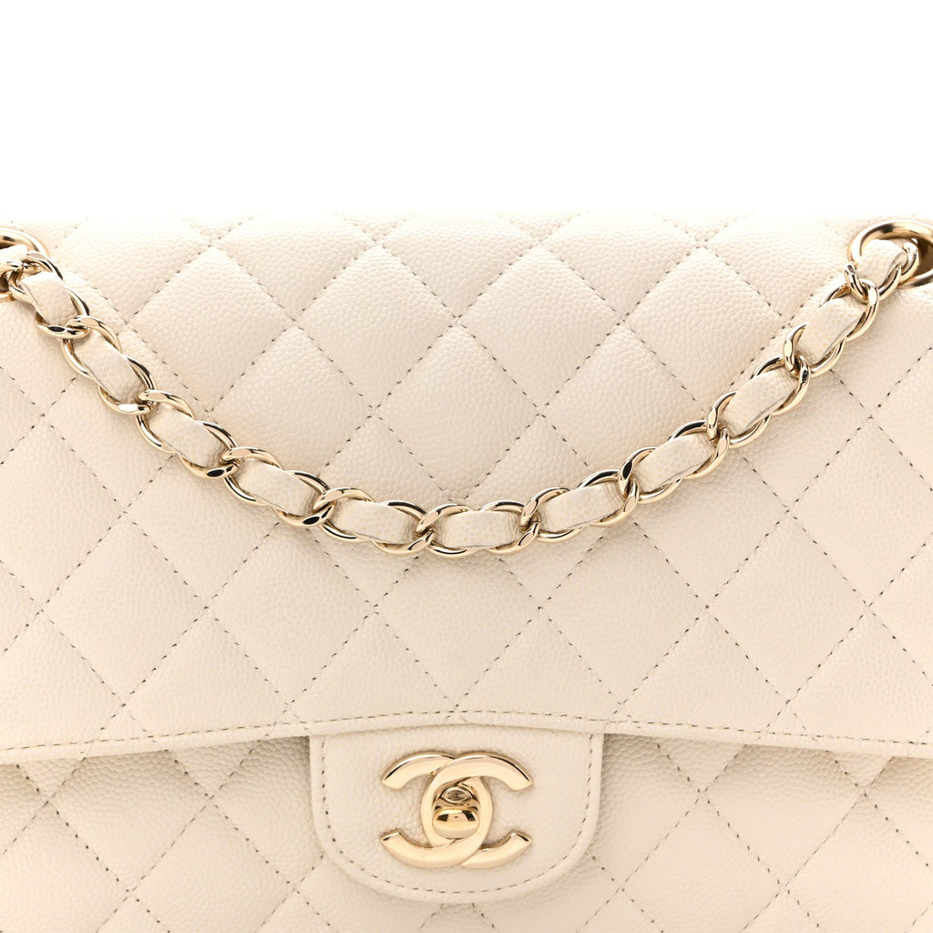 Caviar Quilted Medium Double Flap White