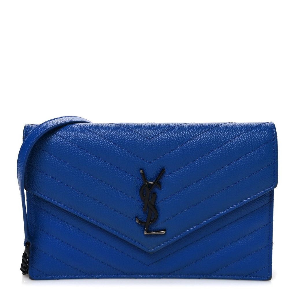 Grain De Poudre Matelasse Chevron Monogram Envelope Chain Wallet Blue Majorelle