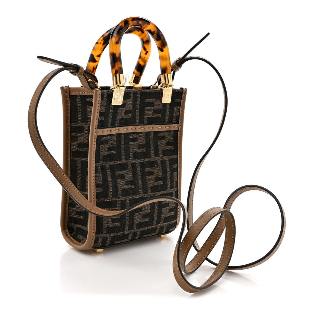 Fabric Jacquard Vitello King Plexiglass FF 1974 Mini Fendi Sunshine Shopper Tote Tobacco Moro Sand