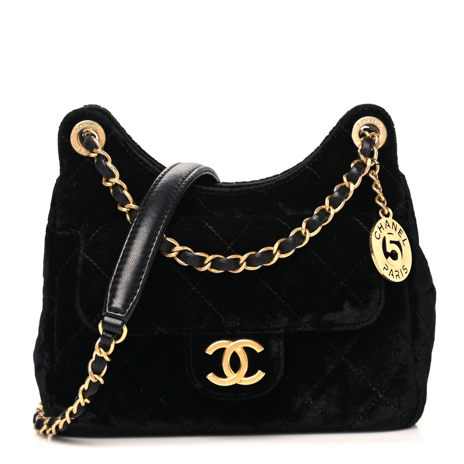 Velvet Quilted Small Wavy CC Hobo Black