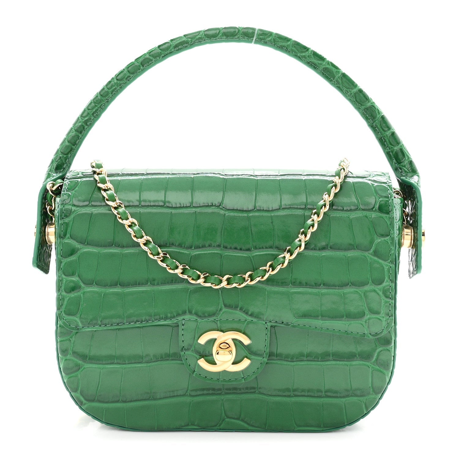 Calfskin Crocodile Embossed Turn Around Mini Flap Emerald