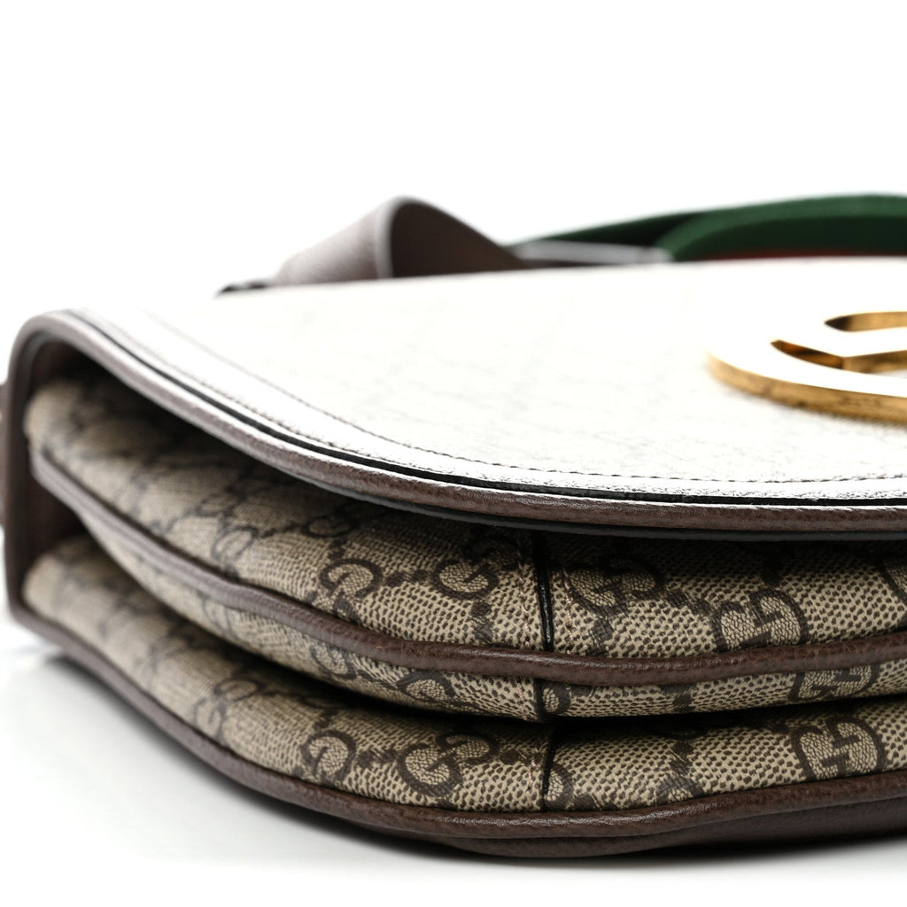 GG Supreme Monogram Textured Dollar Calfskin Web Medium Blondie Top Handle Shoulder Flap Bag Beige Ebony New Acero