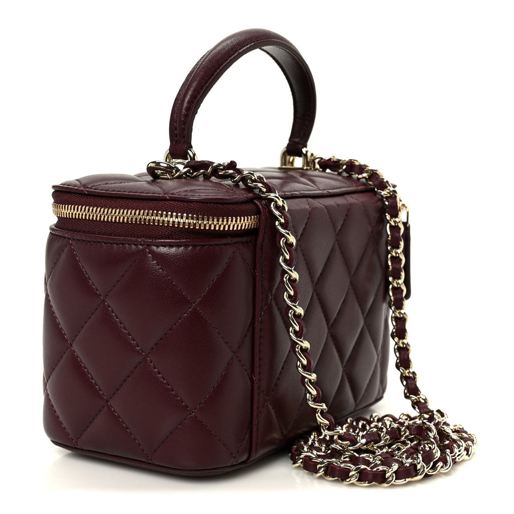 Lambskin Quilted Small Top Handle Vanity Case With Chain Burgundy Burgundy
