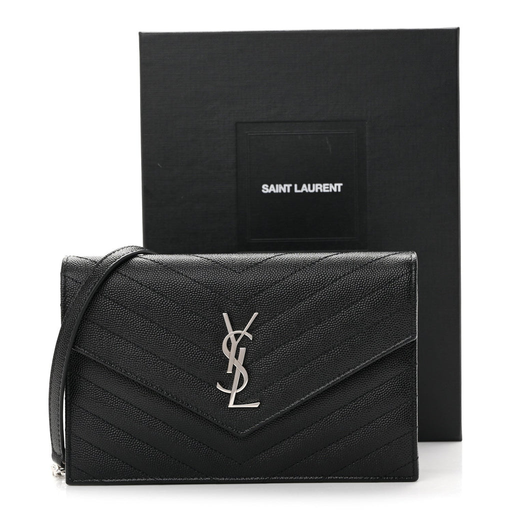 Grain De Poudre Matelasse Chevron Monogram Envelope Chain Wallet Black