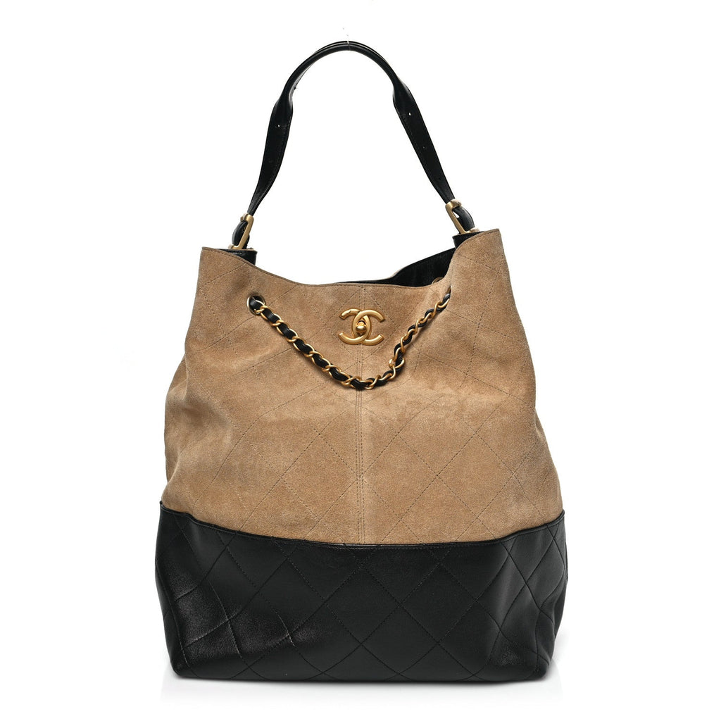 Suede Calfskin Shiny Lambskin Quilted Large Coco Base Shopping Bag Beige Black