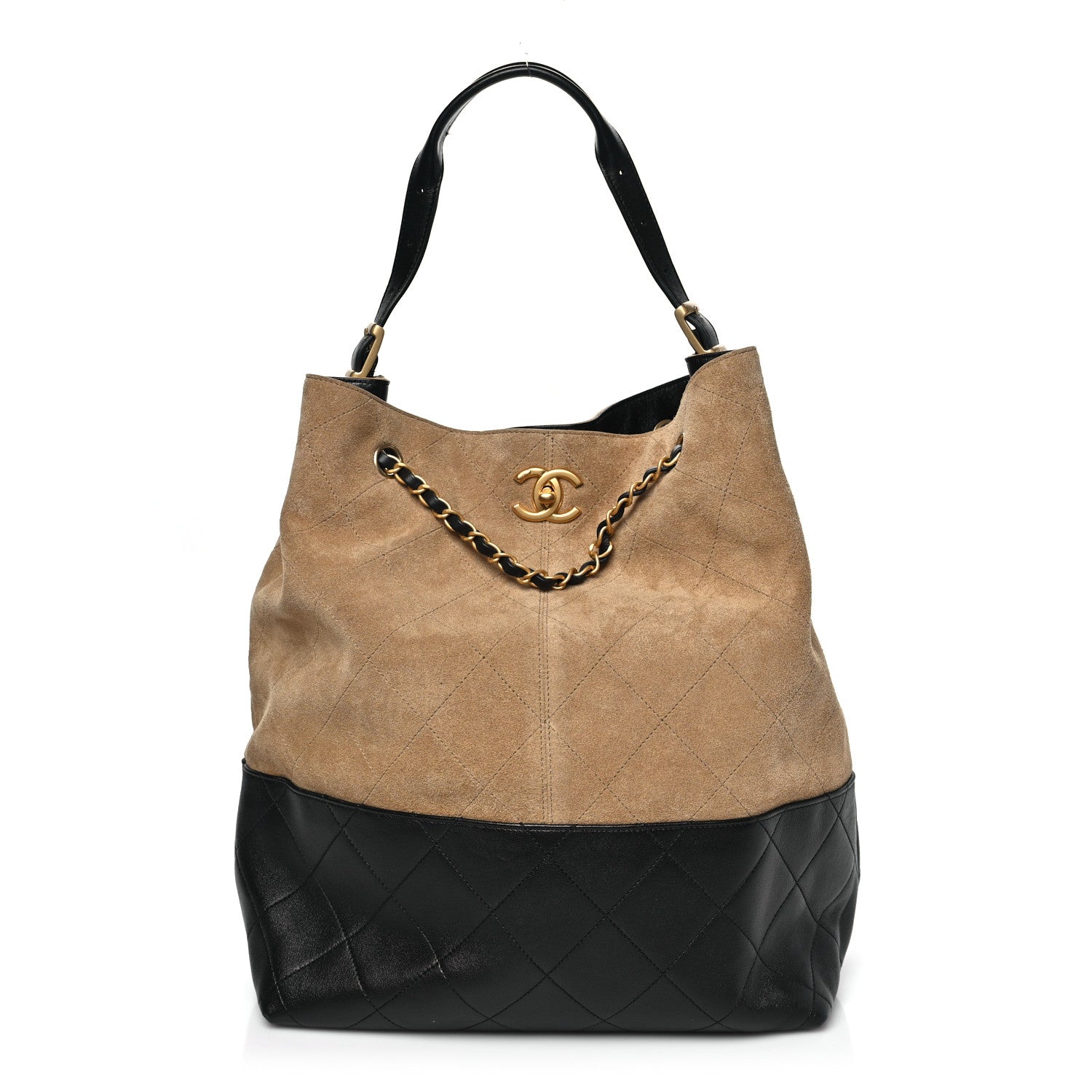 Suede Calfskin Shiny Lambskin Quilted Coco Base Shopping Bag Beige Black