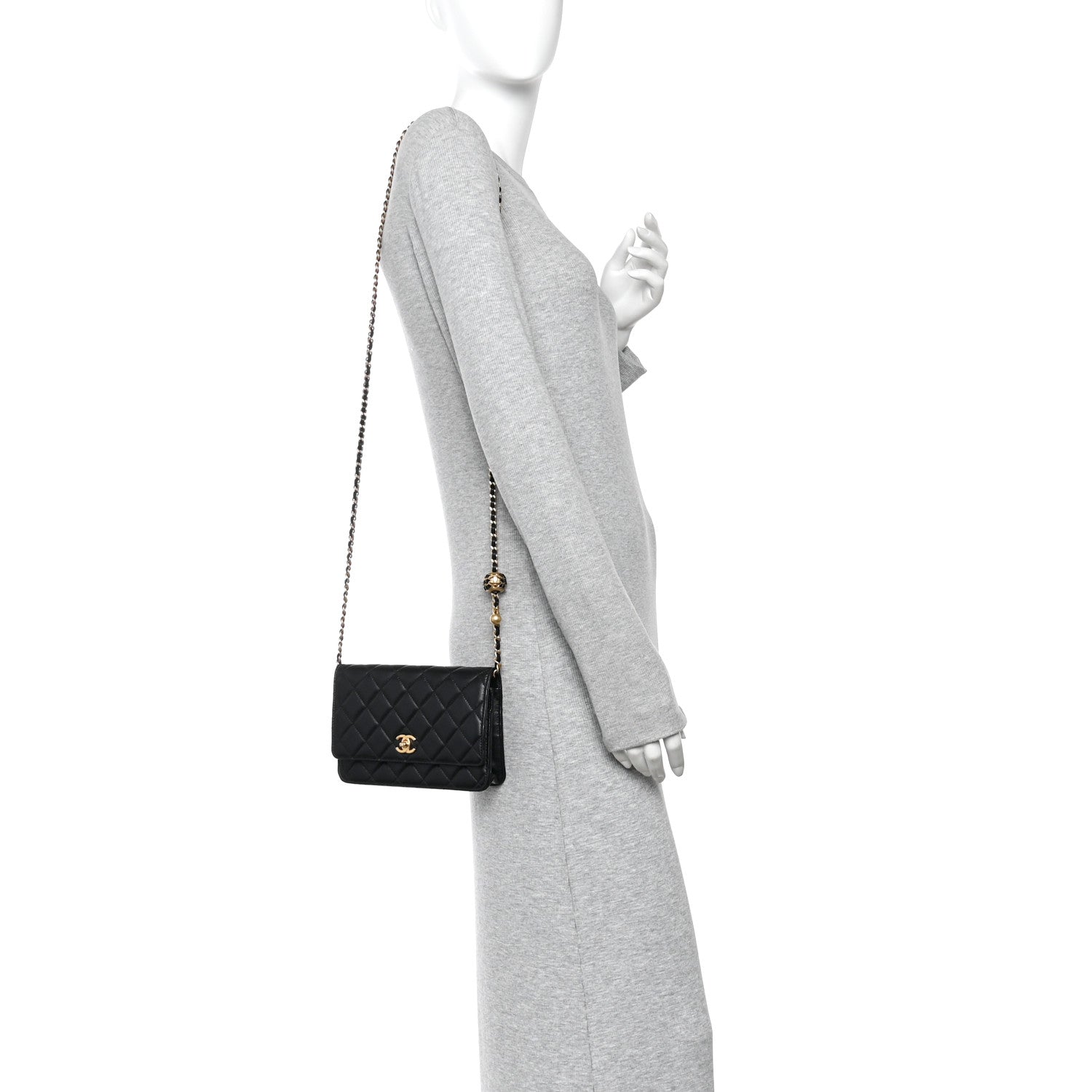 Lambskin Quilted CC Pearl Crush Wallet on Chain WOC Black