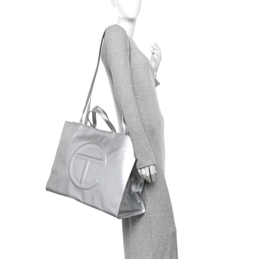 Metallic Vegan Leather Large Shopping Bag Silver