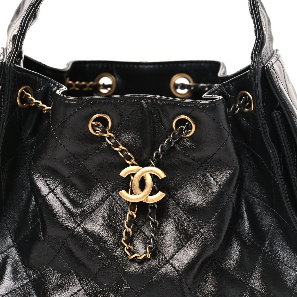 Shiny Crumpled Calfskin Quilted Small Chanel 25 Handbag Black