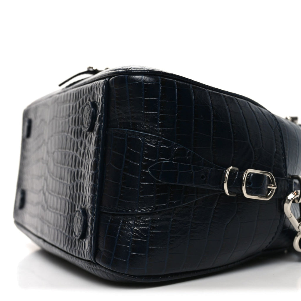 Calfskin Crocodile Embossed Small Varenne Bowling Bag Navy