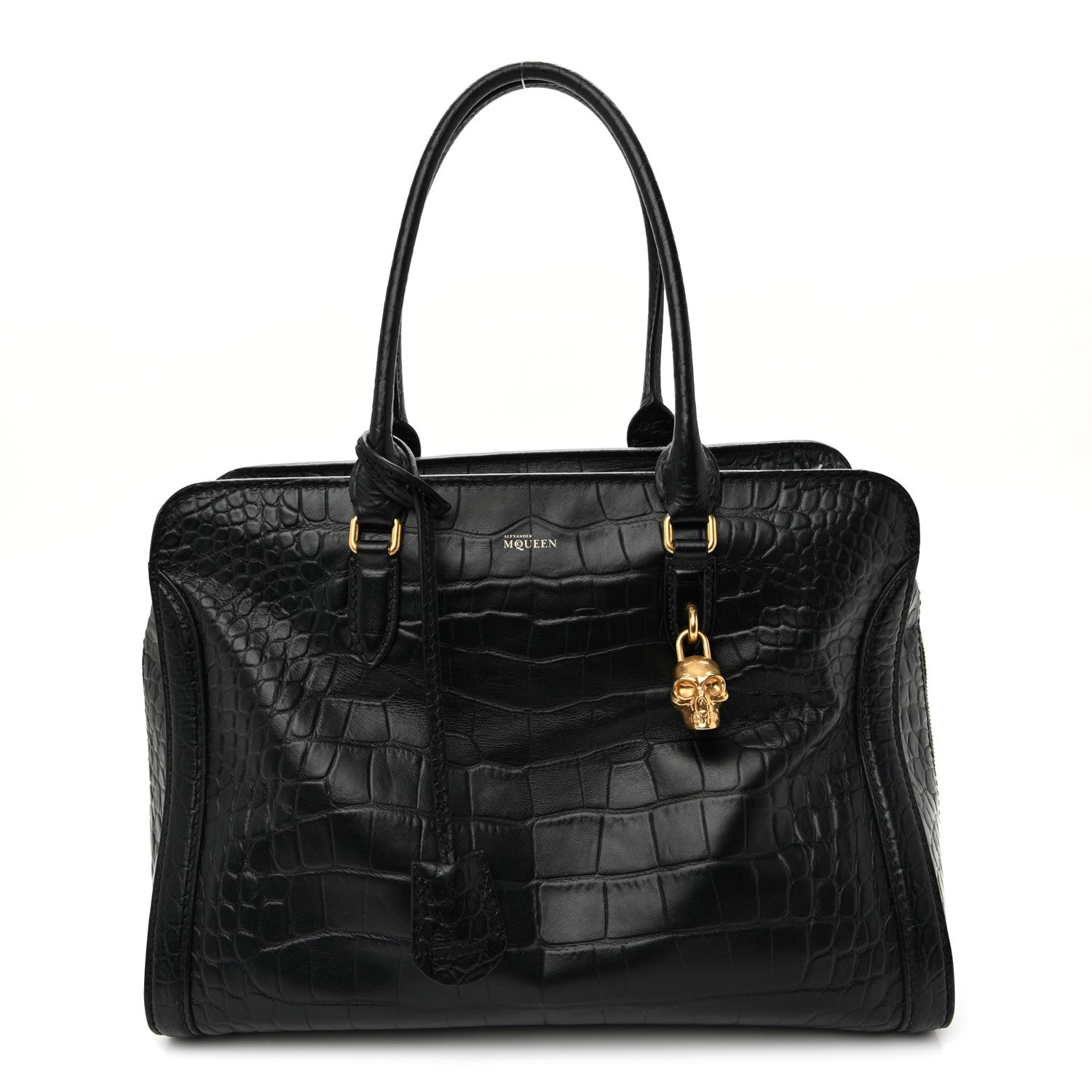 Calfskin Crocodile Embossed Large Skull Padlock Zip Around Tote Black