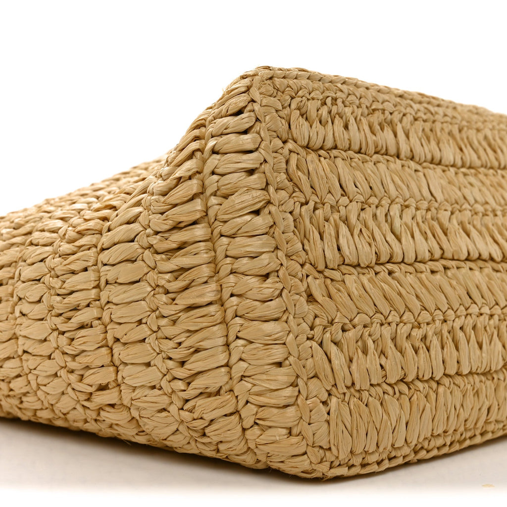 Yarn Raffia Effect Calfskin Crochet Embroidered Medium Logo Tote Tan Black