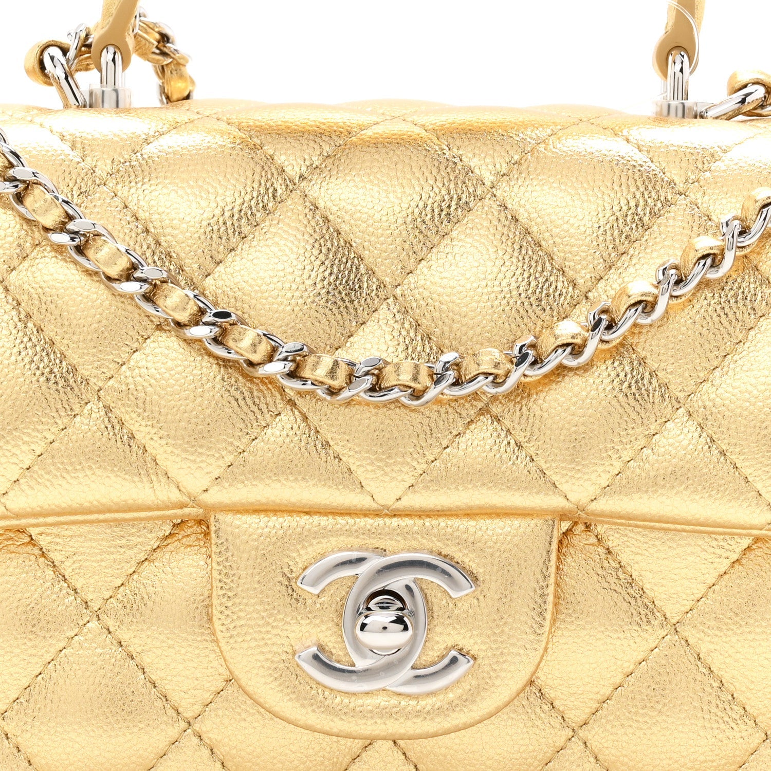 Metallic Caviar Quilted Top Handle East West Flap Gold Gold