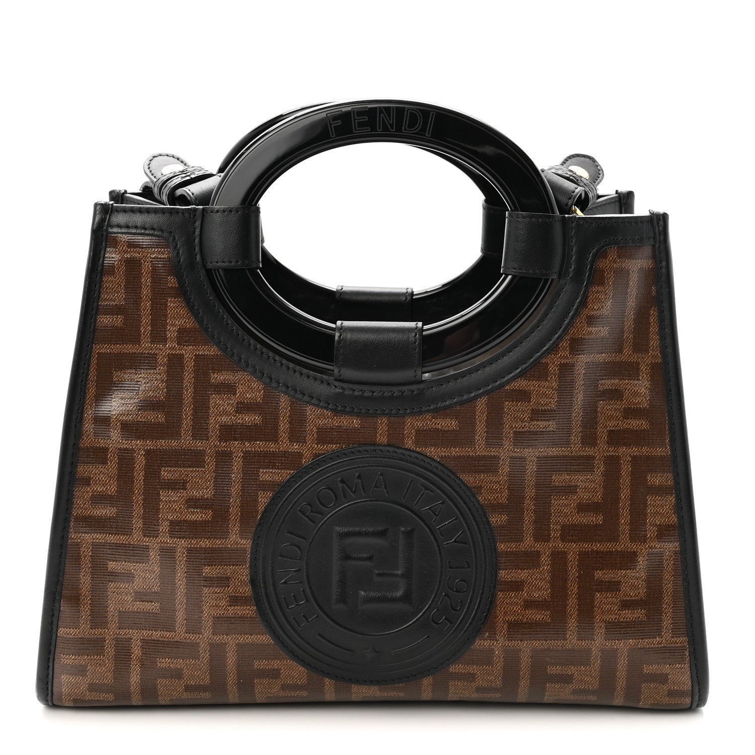 Glazed Fabric Vitello Century Plexiglass FF 1974 Stamp Patch Small Runaway Shopper Tote Mogano Panna Black