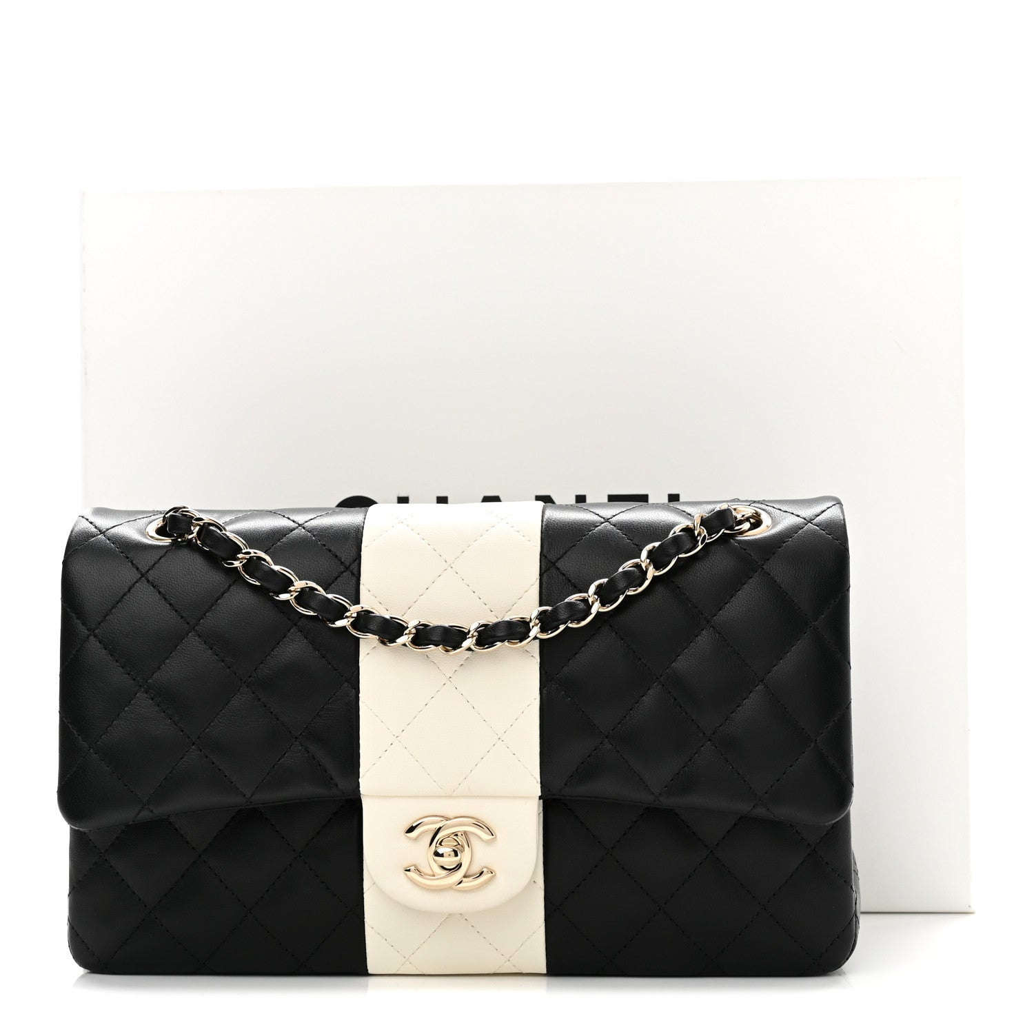 Lambskin Quilted Medium Double Flap Black White