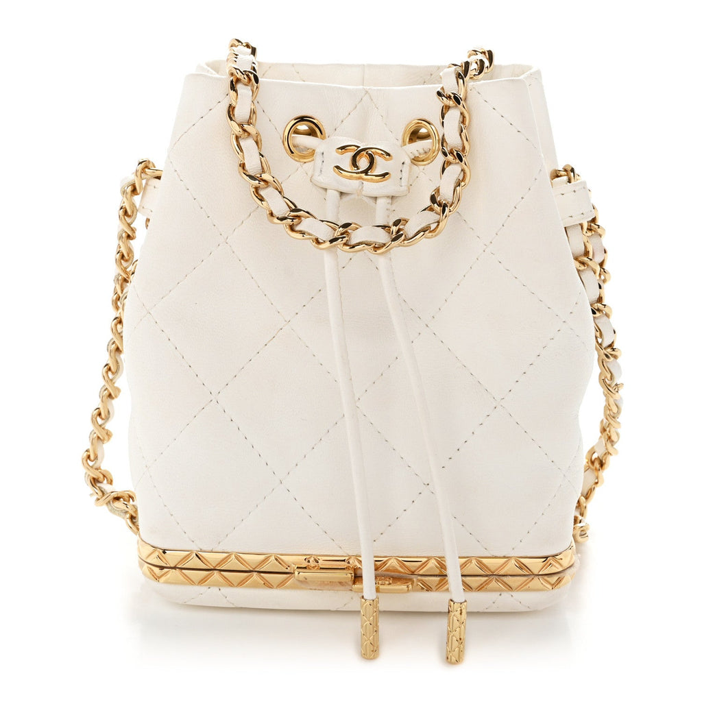 Metal Lambskin Quilted Small Chain Bucket Bag White