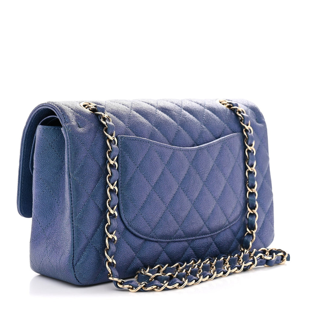 Iridescent Caviar Quilted Medium Double Flap Dark Blue