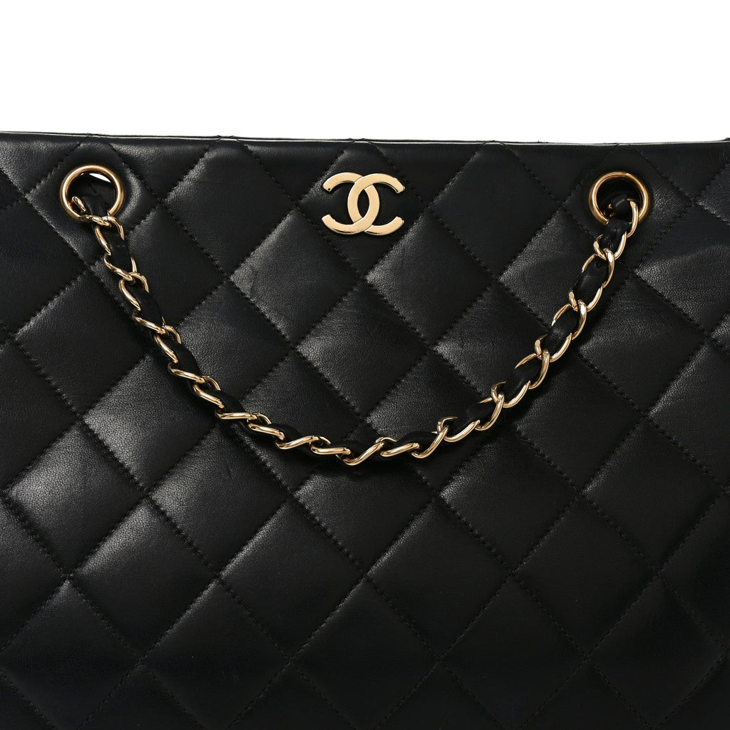 Lambskin Quilted Small Shopping Tote Black