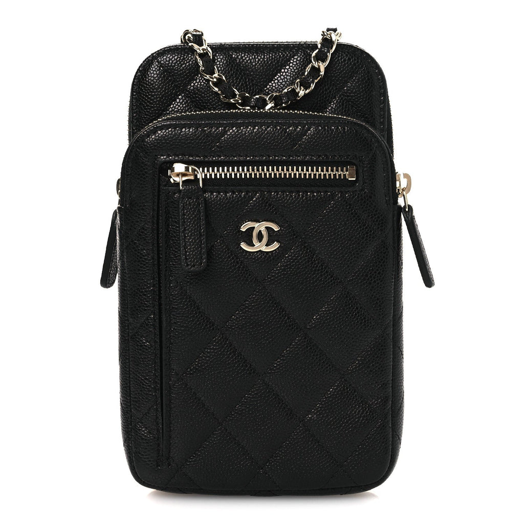 Caviar Quilted Phone Holder With Chain Black