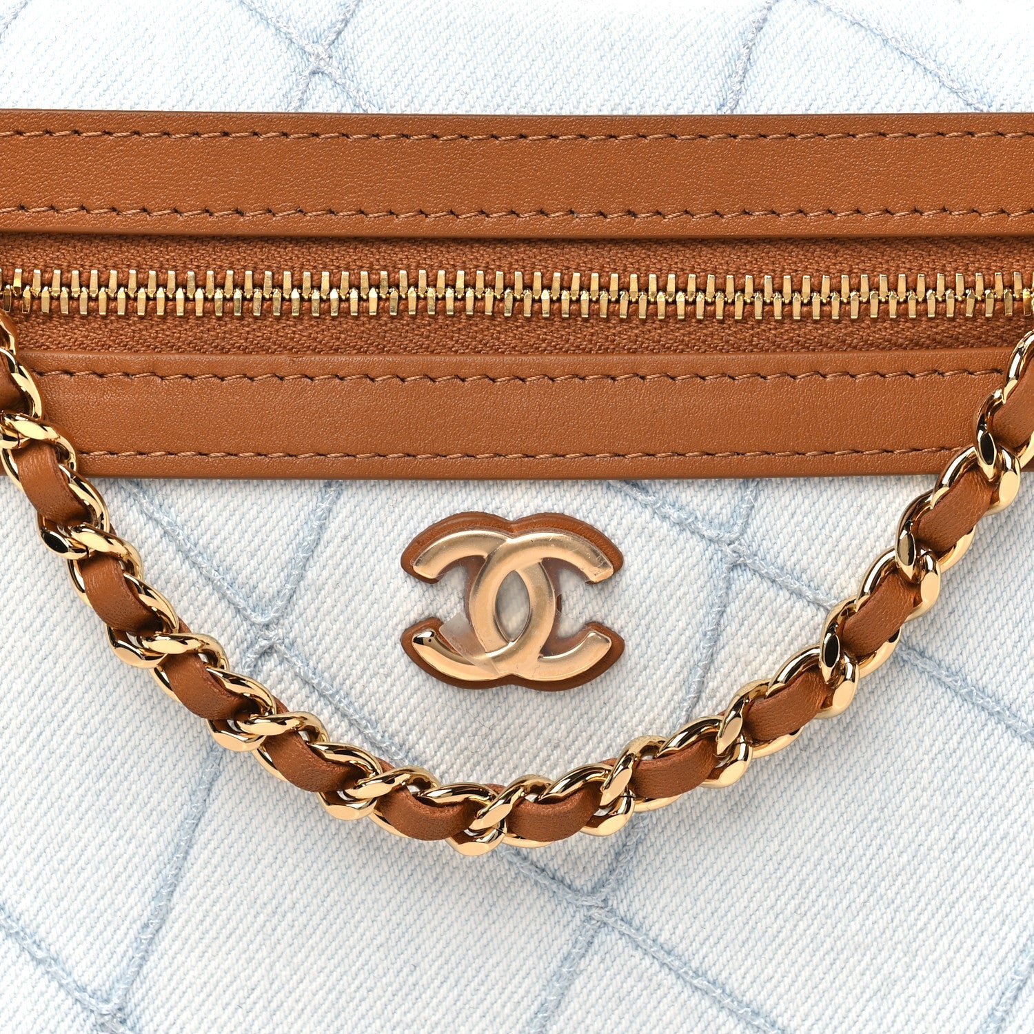 Washed Denim Calfskin Quilted Top Handle Slim Vanity Case With Chain Blue Brown