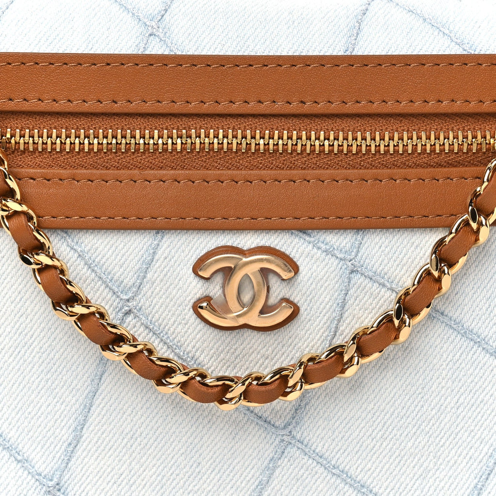 Washed Denim Calfskin Quilted Top Handle Slim Vanity Case With Chain Blue Brown Blue Brown