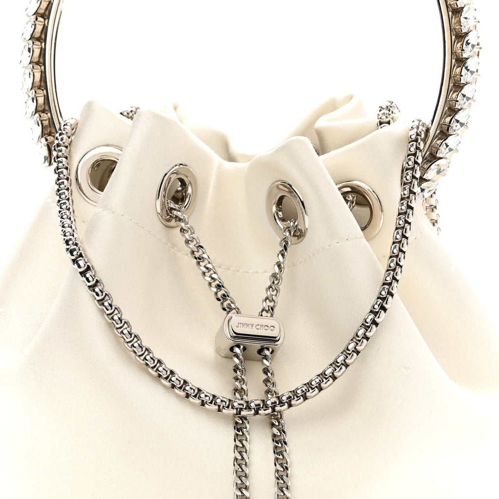 Satin Crystal Embellished Bon Bon Bucket Bag White