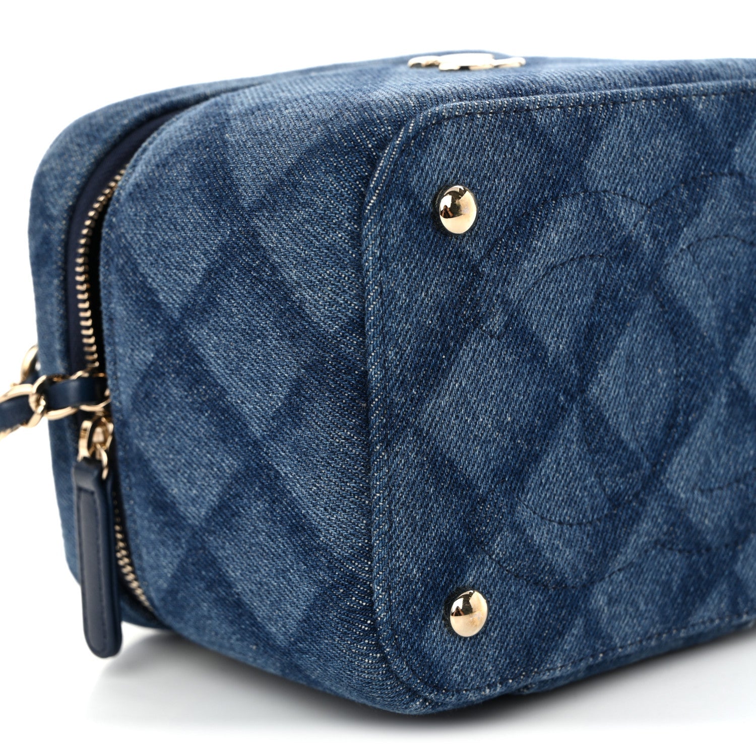 Printed Denim Quilted Mini Top Handle Vanity Case With Chain Dark Blue