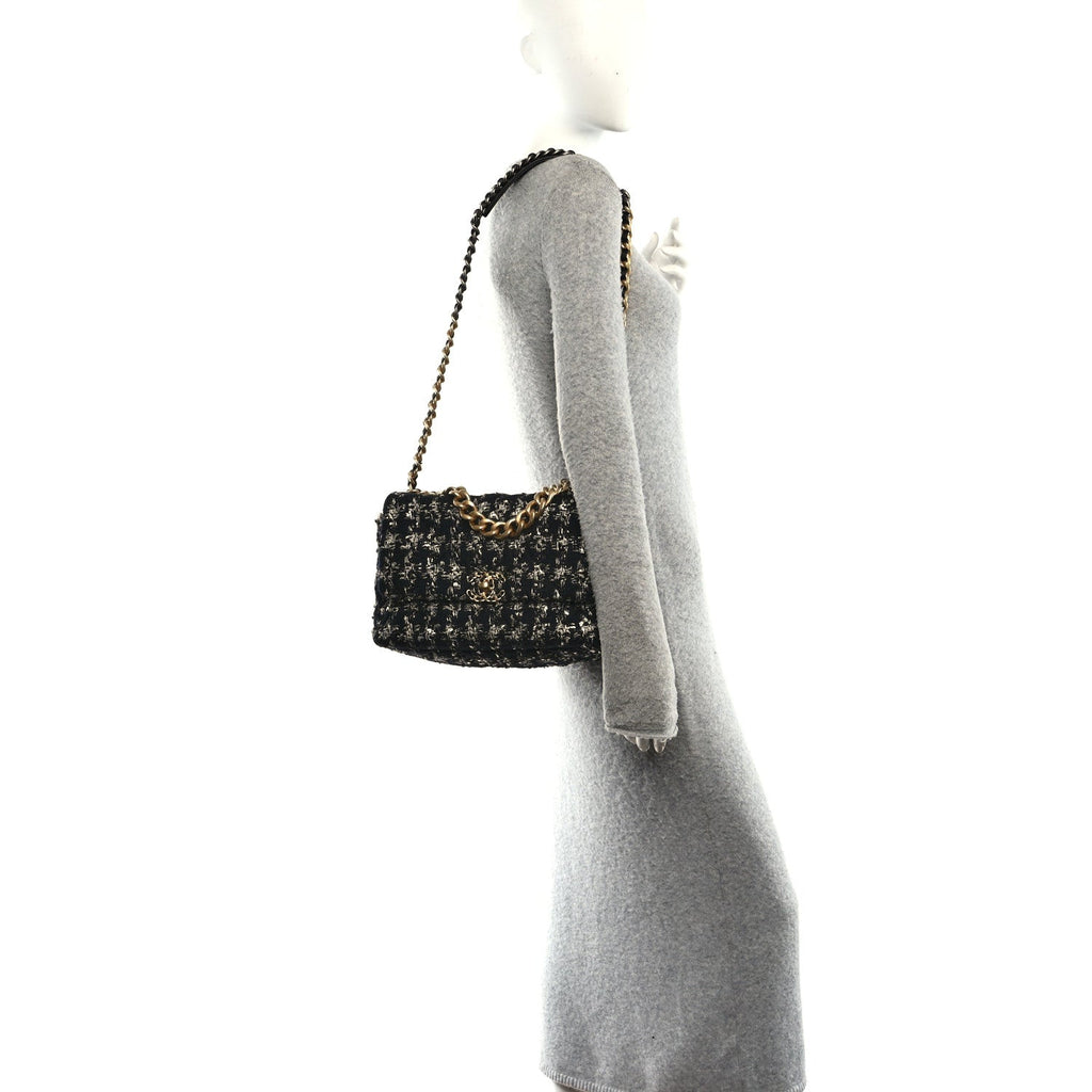 Tweed Quilted Large Chanel 19 Flap Black Silver Ecru