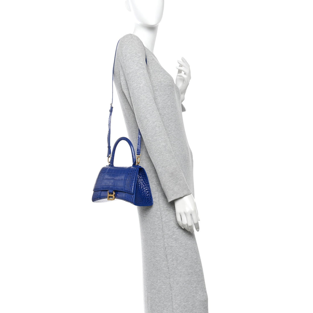 Shiny Calfskin Crocodile Embossed Small Hourglass Top Handle Bag Indigo