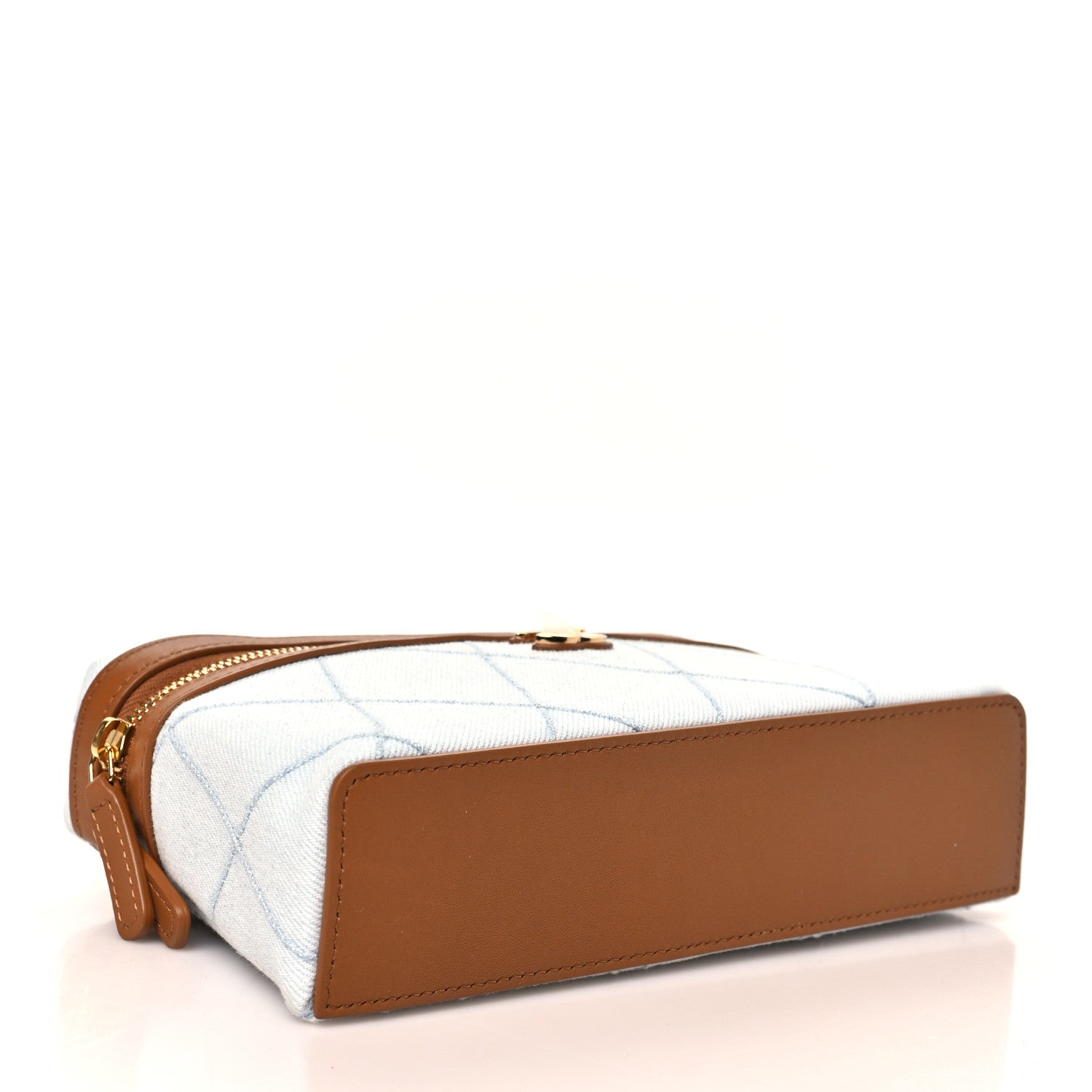 Washed Denim Calfskin Quilted Top Handle Slim Vanity Case With Chain Blue Brown