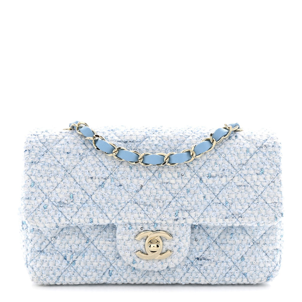 Tweed Quilted Mini Rectangular Flap Blue White Silver