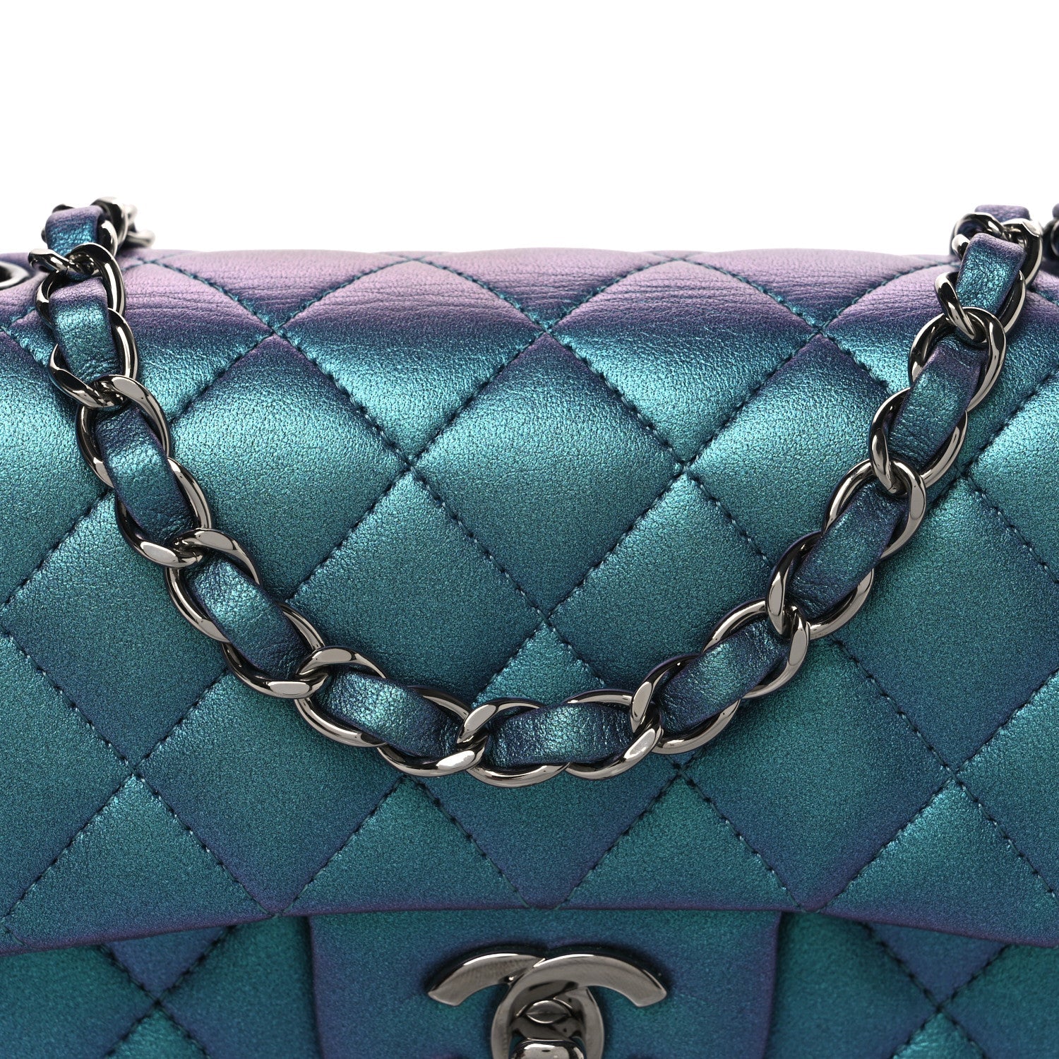 Iridescent Lambskin Quilted Mini Rectangular Flap Turquoise