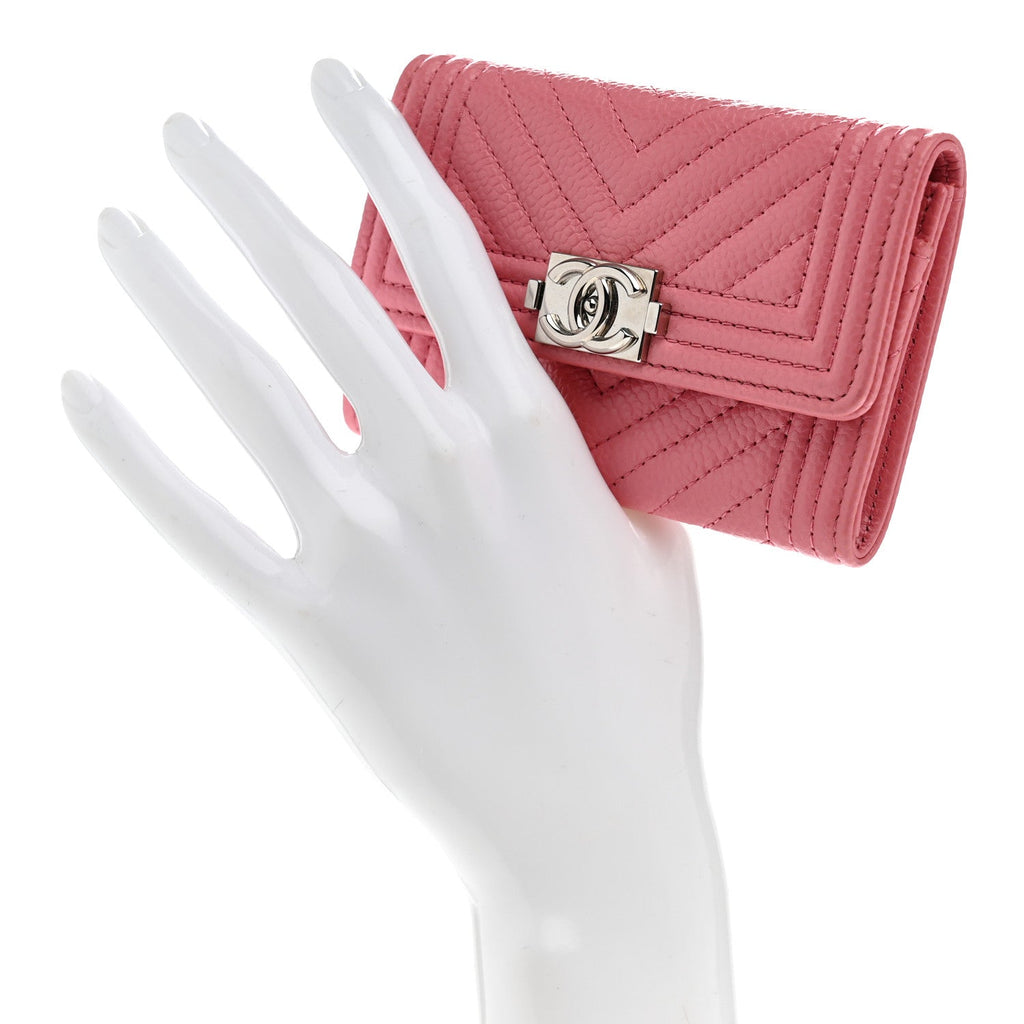 Caviar Chevron Quilted Boy Card Holder Wallet Dark Pink