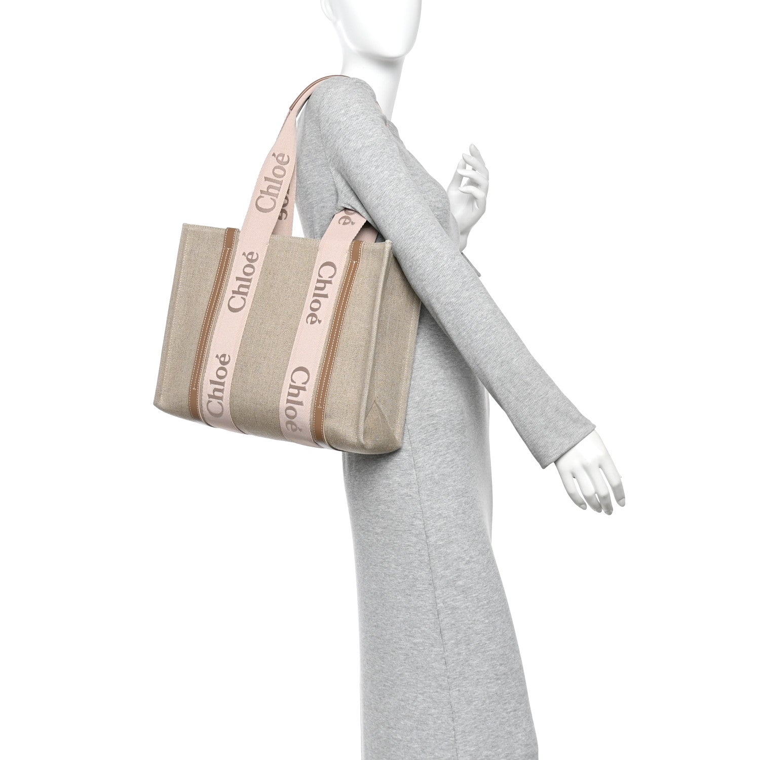 Linen Calfskin Medium Woody Ribbon Tote Blushy Beige