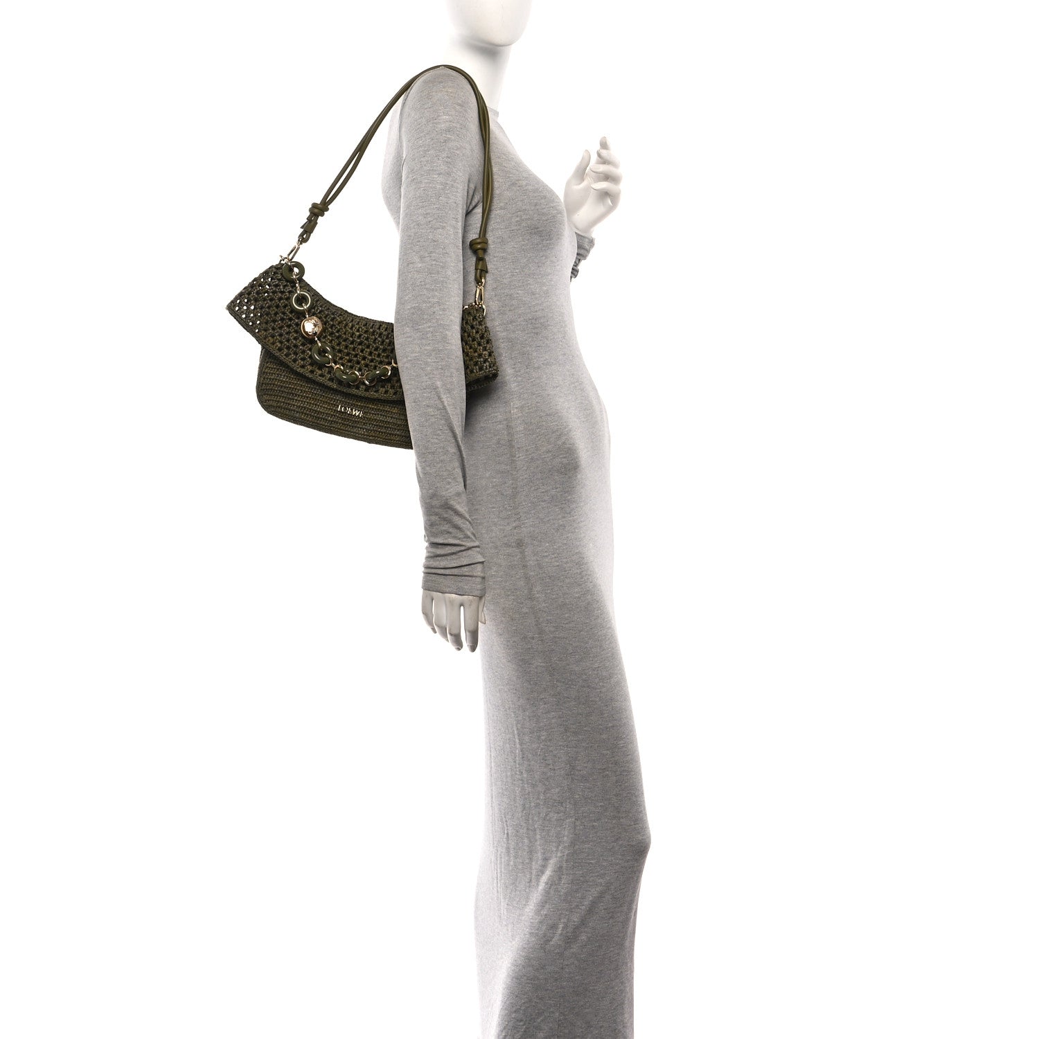 Raffia Calfskin Donut Chain Medium Ola Shoulder Bag Dark Khaki
