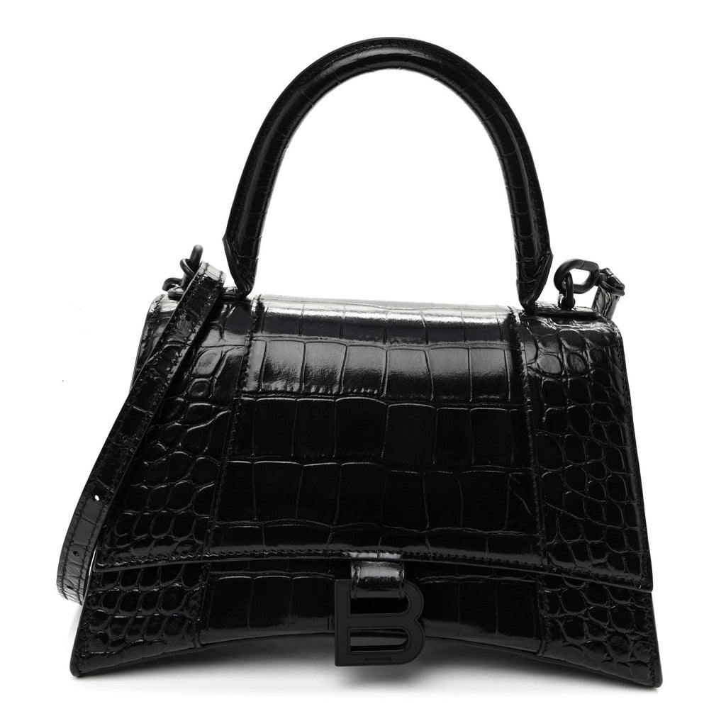 Shiny Calfskin Monochrome Crocodile Embossed Small Hourglass Top Handle Bag Black