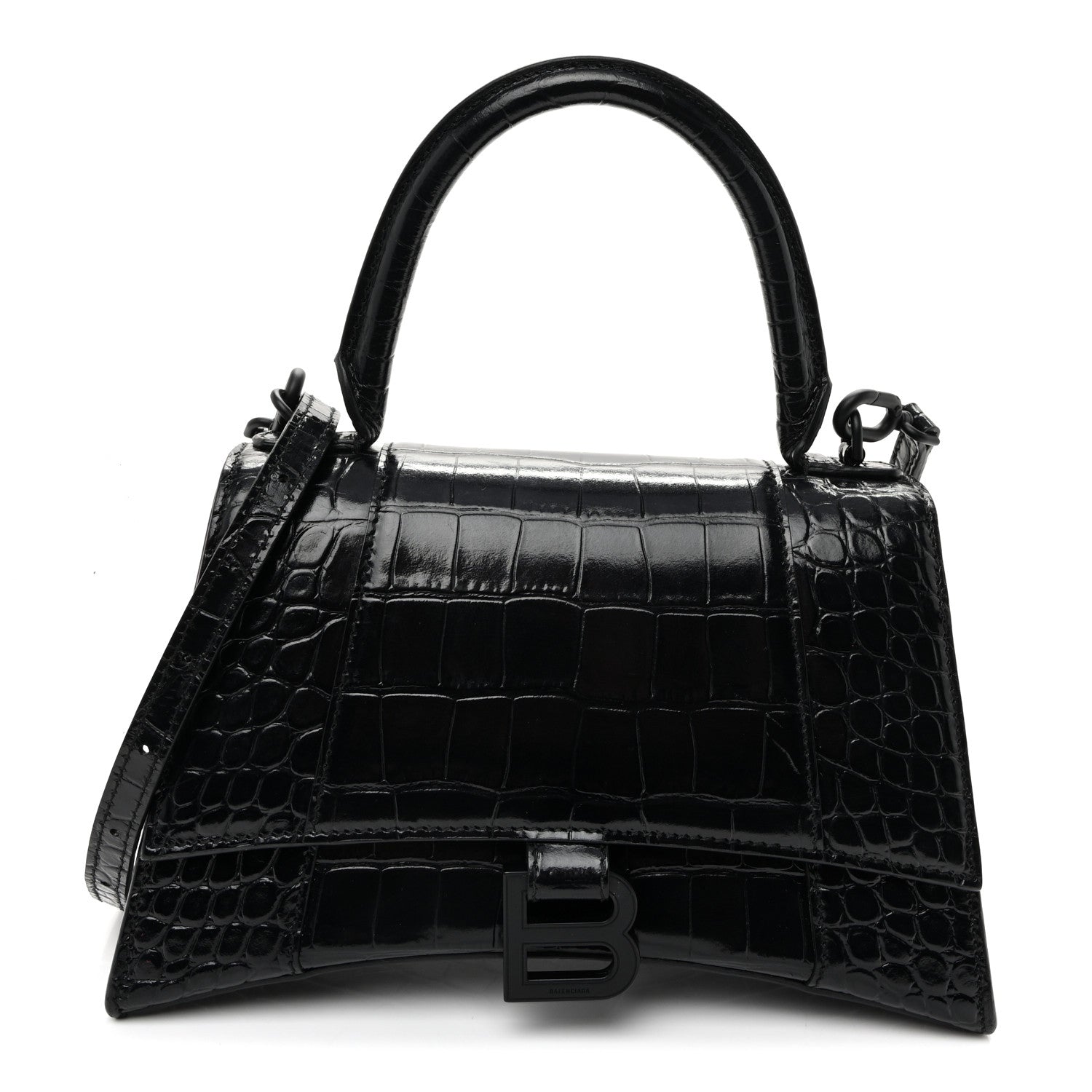 Shiny Calfskin Monochrome Crocodile Embossed Small Hourglass Top Handle Bag Black
