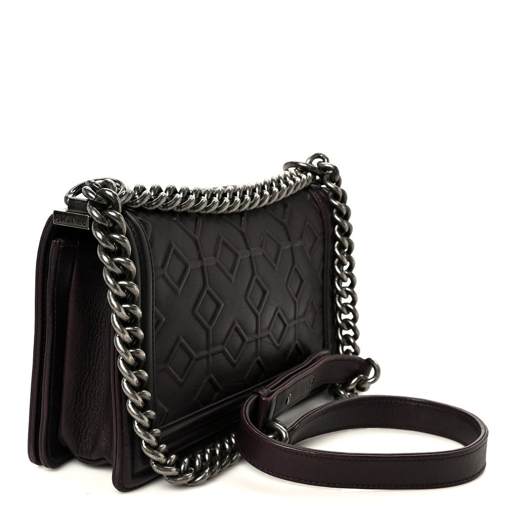 Calfskin Crystal Embossed Medium Boy Flap Plum