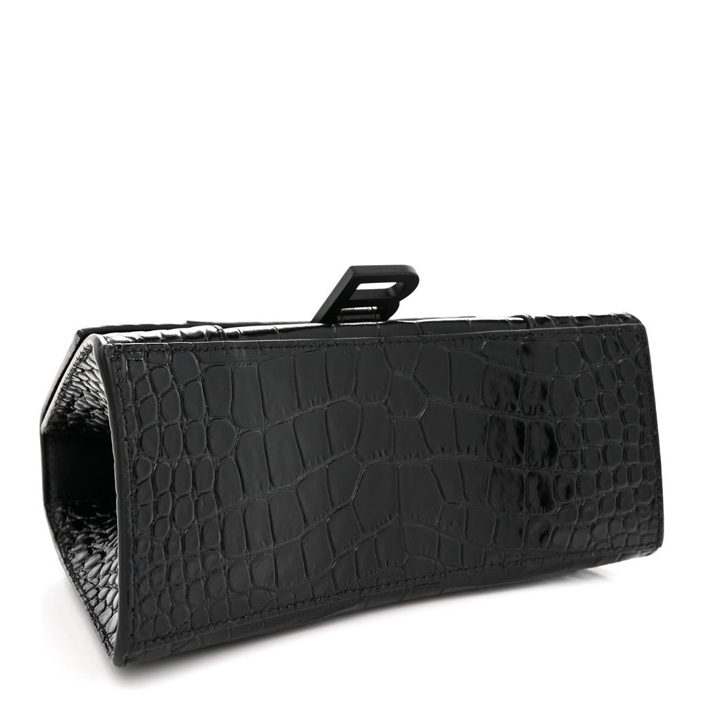 Shiny Calfskin Monochrome Crocodile Embossed Small Hourglass Top Handle Bag Black