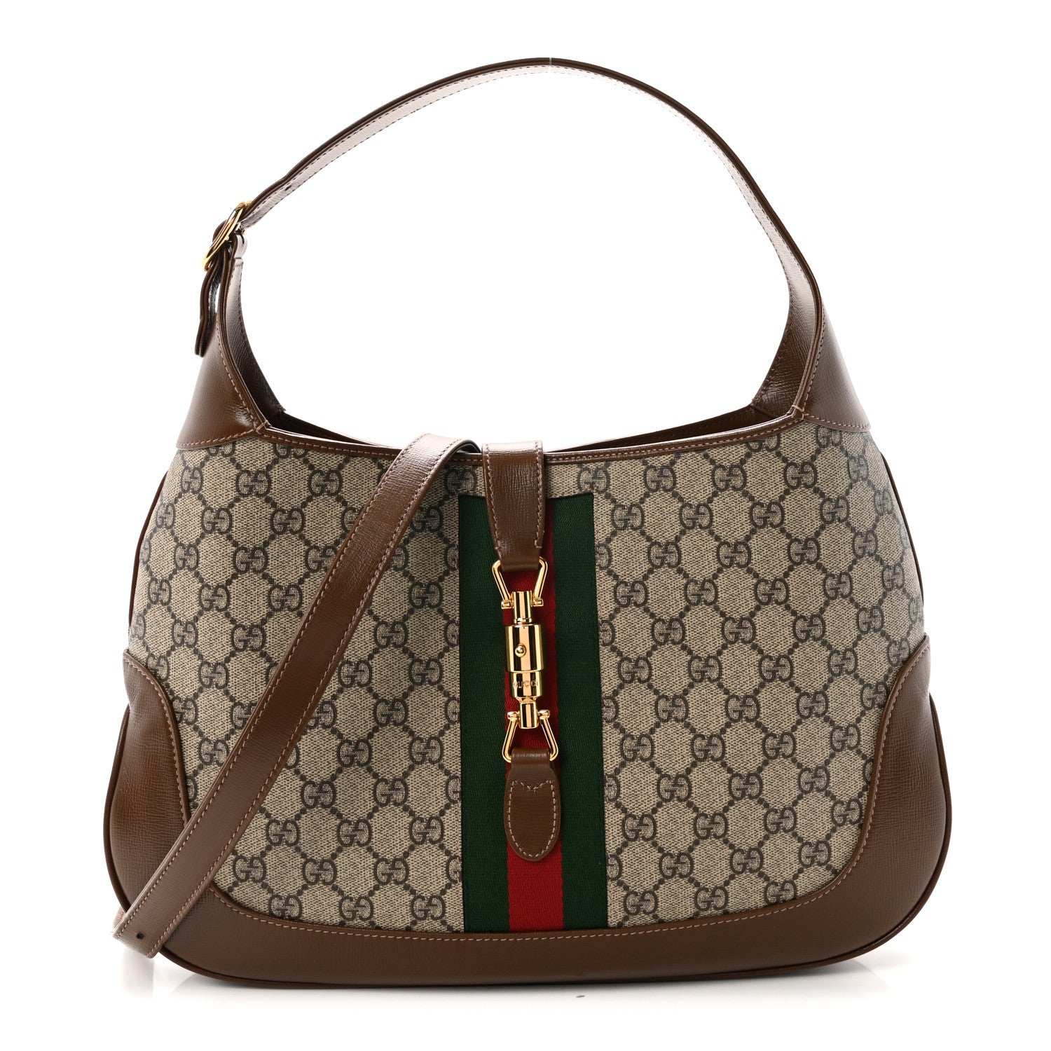 GG Supreme Monogram Azalea Calfskin Web Medium Jackie 1961 Hobo Beige Ebony Brown Sugar