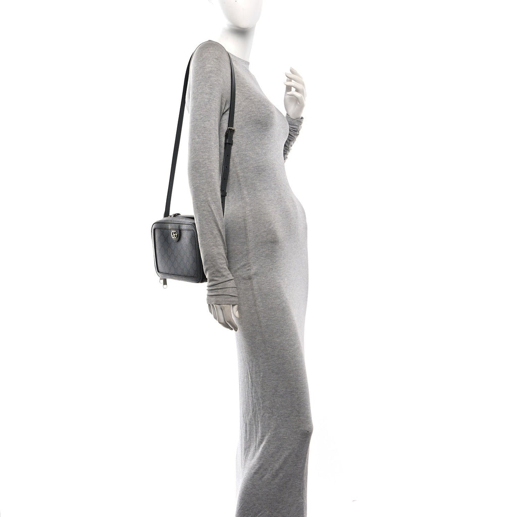 GG Supreme Monogram Textured Dollar Calfskin Small Ophidia Top Handle Shoulder Bag  Grey Black Graphite Grey