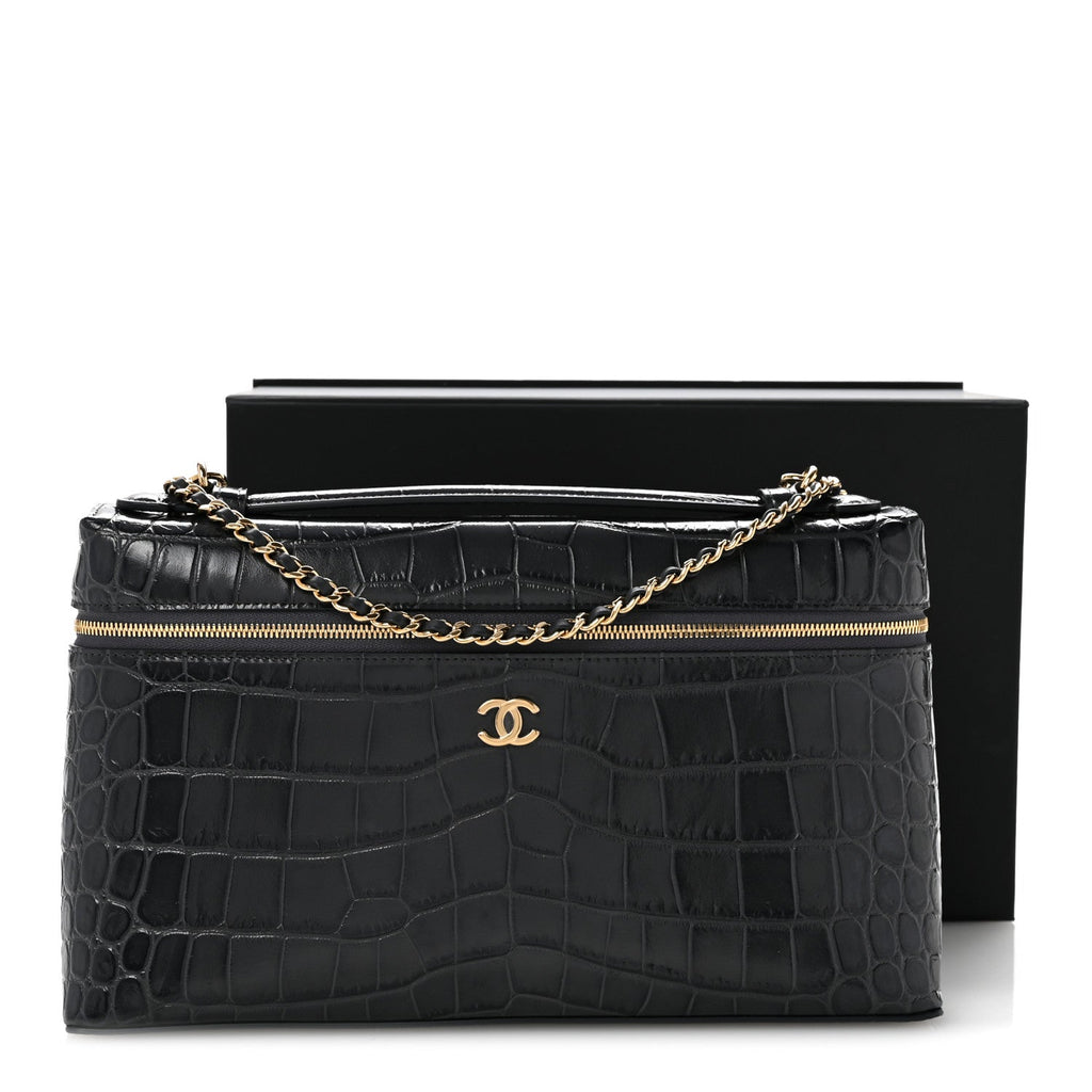 Calfskin Crocodile Embossed Exoticoco Large Supple Trapeze Vanity With Chain Grey