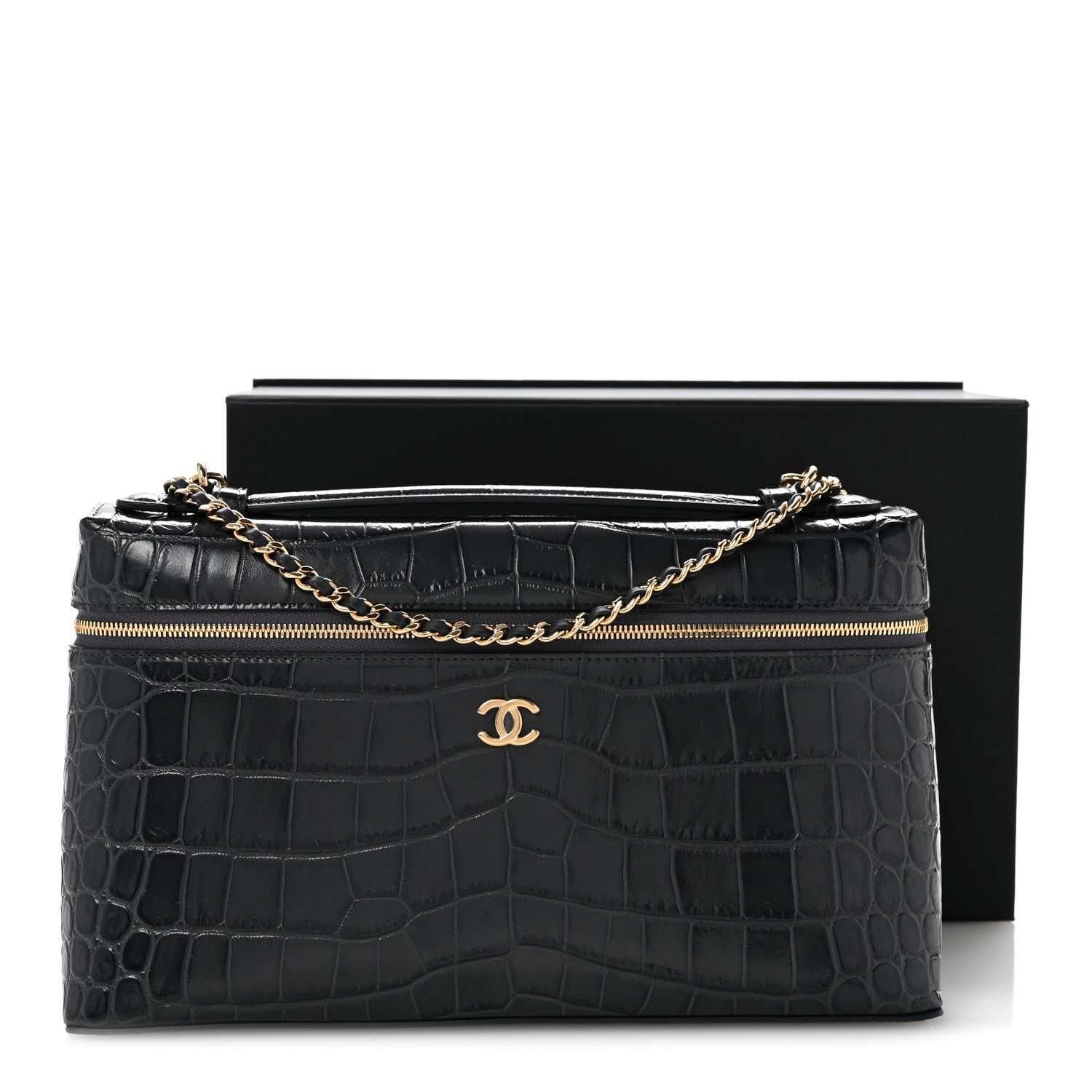 Calfskin Crocodile Embossed Exoticoco Large Supple Trapeze Vanity With Chain Grey