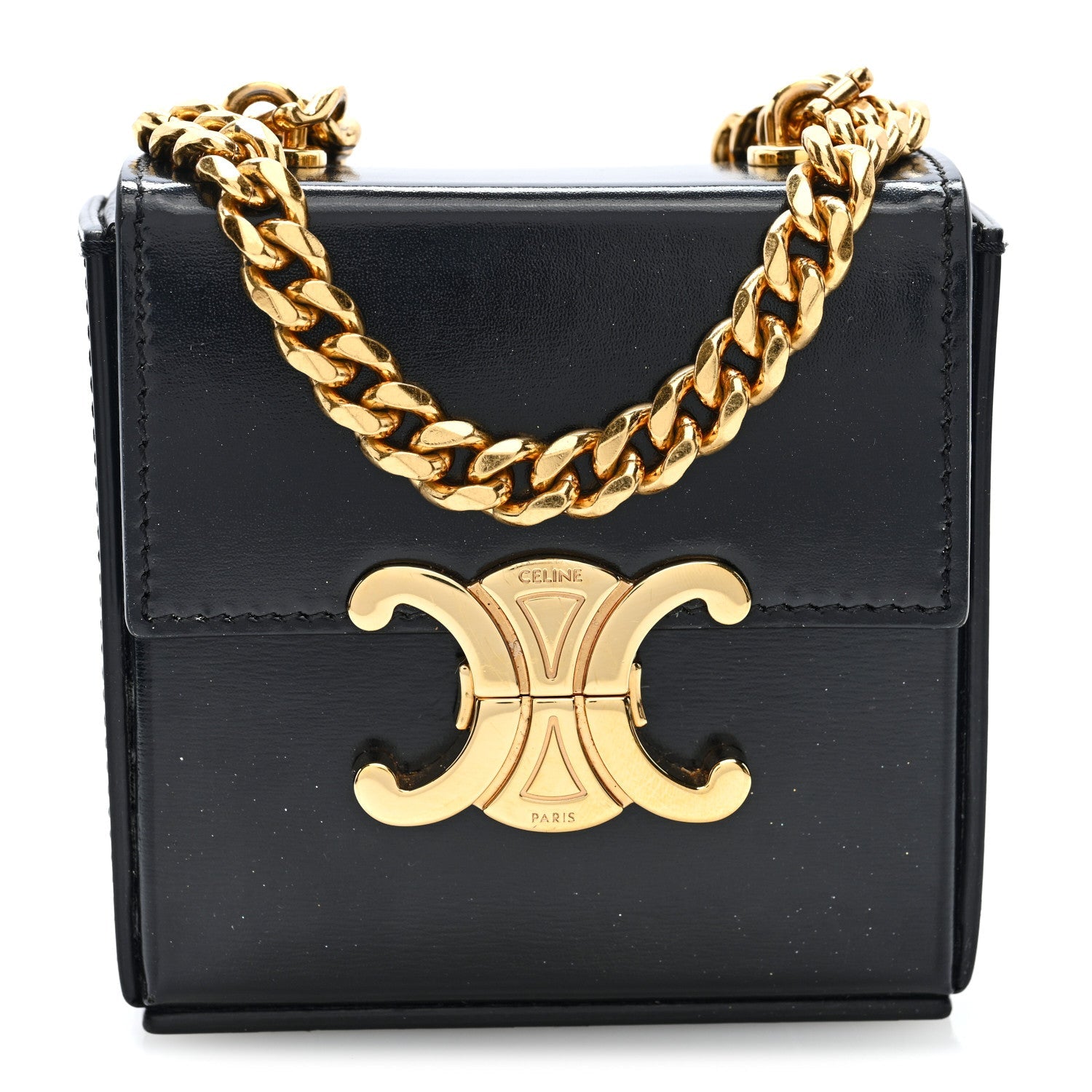 Shiny Calfskin Triomphe Mini Chain Box Bag Black