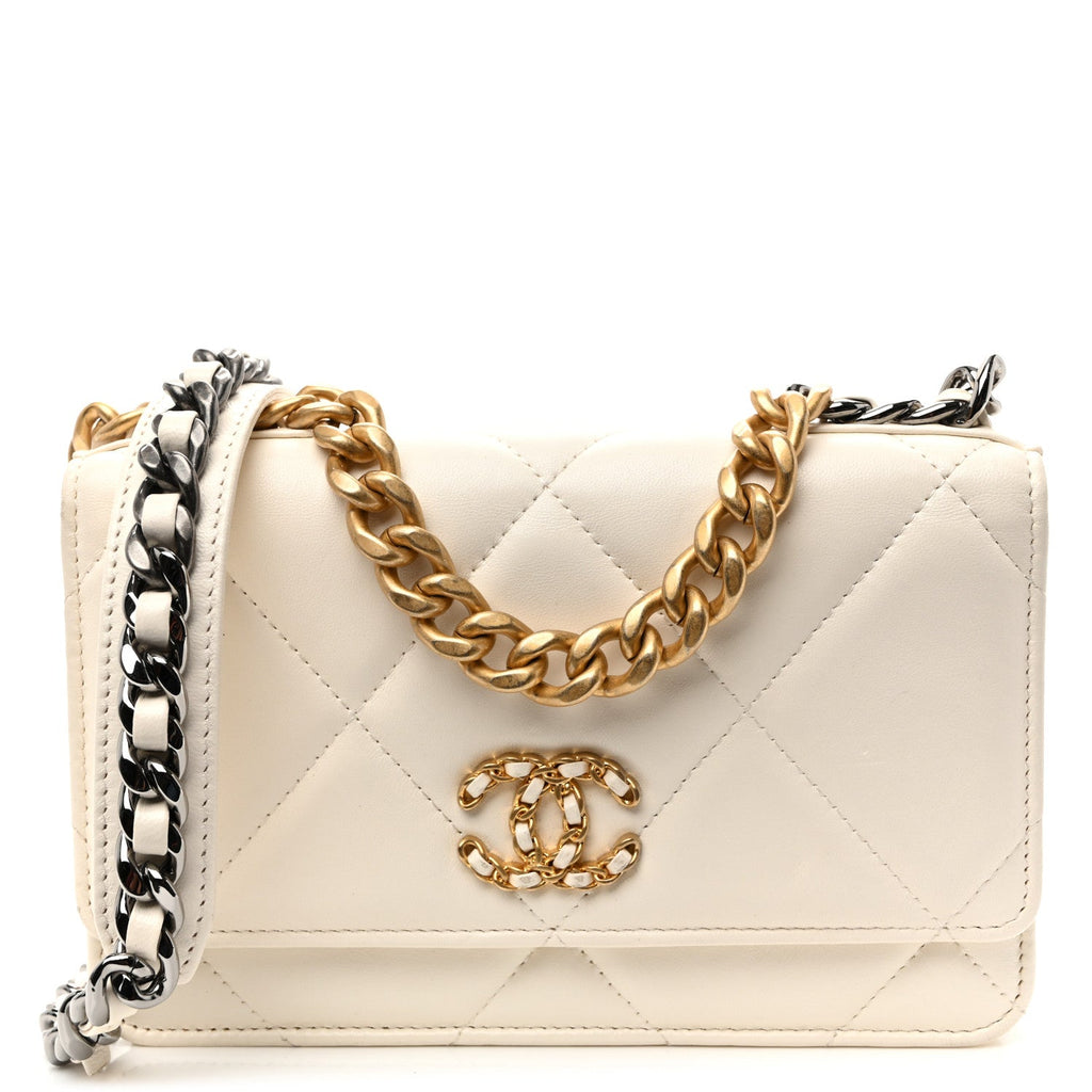 Lambskin Quilted Chanel 19 Wallet On Chain WOC White